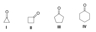 Which of the following will have the highest wave number for the carbonyl stretch in the IR spectrum?   A)  I B)  II C)  III D)  IV