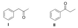 How would the following compounds be distinguishable using IR and <sup>1</sup>H NMR spectroscopy?   A)  The <sup>1</sup>H NMR spectrum of compound I will have two singlets. B)  The C=O absorption in the IR spectrum of compound I will be at a higher wave number than that of compound II. C)  The <sup>1</sup>H NMR spectrum of compound II will have one triplet at a chemical shift of about 4. D)  The <sup>1</sup>H NMR spectrum of compound I will have two singlets AND the C=O absorption in the IR spectrum of compound I will be at a higher wave number than that of compound II.