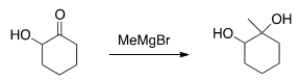 Why would the alcohol in the following compound need to be protected before reaction?   A)  If it isn't protected, the product will be a carboxylic acid. B)  The Grignard reagent will react with the alcohol before the ketone. C)  Magnesium is Lewis acidic and will coordinate with the alcohol. D)  There is no need to protect the alcohol.