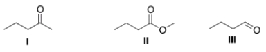 Rank the following compounds in order of increasing reactivity toward the nucleophilic hydride reagent, NaBH<sub>4</sub>.   A)  I < II < III B)  III < II < I C)  II < III < I D)  II < I < III