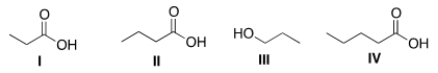 Arrange the following compounds in order of decreasing water solubility, putting the most soluble compound first.   A)  I > II > III > IV B)  I > IV > II > III C)  I > II > IV > III D)  IV > III > II > I