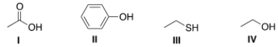 Arrange the following compounds in order of increasing acidity, putting the least acidic first.   A)  I < II < III < IV B)  IV < III < II < I C)  III < IV < II < I D)  IV < II < III < I