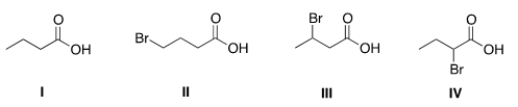 Rank the following compounds in order of decreasing acidity, putting the most acidic first.   A)  IV > III > II > I B)  IV > I > III > II C)  I > II > III > IV D)  IV > II > III > I