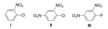 Rank the following compounds in order of increasing reactivity in nucleophilic aromatic substitution.   A)  III < II < I B)  I < II < III C)  III < I < II D)  I < III < II