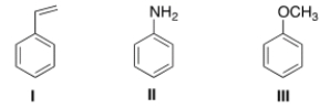 What is the correct assignment of the names of the following substituted benzenes?   A)  I = Styrene; II = aniline; III = anisole. B)  I = Toluene; II = anisole; III = styrene. C)  I = Styrene; II = anisole; III = phenol. D)  I = Toluene; II = aniline; III = anisole.