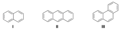 What is the correct assignment of the names of the following fused aromatic compounds?   A)  I = naphthalene; II = anthracene; III = phenanthrene. B)  I = naphthalene; II = phenanthrene; III = anthracene. C)  I = naphthalene; II = phenanthrene; III = benzo[a]pyrene. D)  I = anthracene; II = naphthalene; III = phenanthrene.