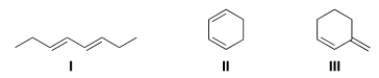 Rank the following dienes in order of increasing reactivity in a Diels-Alder reaction, listing the least reactive first.   A)  I < II < III B)  III < I < II C)  II < I < III D)  I < III < II