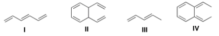 Which of the following compound absorbs UV light at the longest wavelength?   A)  I B)  II C)  III D)  IV