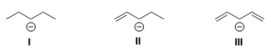 Rank the following anions from most to least stable, listing the most stable first.   A)  I > II > III B)  III > II > I C)  I > III > II D)  III > I > II