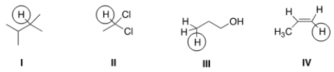 How many peaks would be observed for each of the circled protons in the compounds below?   A)  I = 8; II = 4; III = 3; IV = 3. B)  I = 7; II = 4; III = 3; IV = 4. C)  I = 7; II = 3; III = 3; IV = 3. D)  I = 7; II = 4; III = 2; IV = 4.