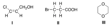 How many different kinds of protons are present in each of the following compounds?   A)  I = 4; II = 3; III = 1. B)  I = 4; II = 4; III = 1. C)  I = 4; II = 4; III = 2. D)  I = 3; II = 3; III = 1.