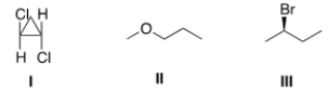 How many different kinds of protons are present in each of the following compounds?   A)  I = 2; II = 4; III = 6. B)  I = 2; II = 4; III = 4. C)  I = 3; II = 3; III = 5. D)  I = 2; II = 4; III = 5.