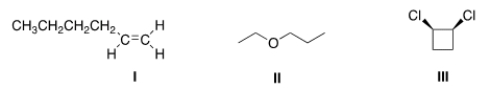 How many different kinds of protons are present in each of the following compounds?   A)  I = 6; II = 5; III = 3. B)  I = 7; II = 5; III = 3. C)  I = 7; II = 6; III = 3. D)  I = 6; II = 6; III = 3.