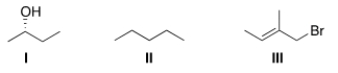 How many different kinds of protons are present in each of the following molecules?   A)  I = 6; II = 3; III = 4. B)  I = 5; II = 3; III = 4. C)  I = 6; II = 4; III = 5. D)  I = 6; II = 4; III = 4.