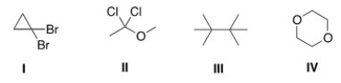 Which of the following compounds does not show only one signal in its <sup>1</sup>H NMR spectrum?   A)  I B)  II C)  III D)  IV