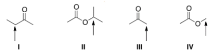 Which of the indicated protons in the molecules below would absorb furthest downfield in a <sup>1</sup>H NMR spectrum?   A)  I B)  II C)  III D)  IV