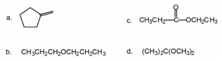 For each of the following compounds, indicate how many <sup>13</sup>C NMR signals will be seen.   A)  a: 3; b: 3; c: 5; d: 3 B)  a: 4; b: 3; c: 5; d: 3 C)  a: 3; b: 4; c: 5; d: 3 D)  a: 4; b: 3; c: 3; d: 3
