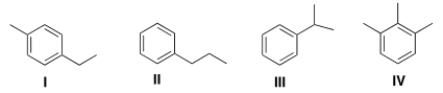 An unknown compound has the formula of C<sub>9</sub>H<sub>12</sub>. The following <sup>1</sup>H NMR peaks were observed: Doublet at <font face= symbol ></font> 1.22 Septet at <font face= symbol ></font> 2.83 Multiplet at <font face= symbol ></font> 7.09 From the data above, pick the compound below that fits the spectra data.   A)  I B)  II C)  III D)  IV