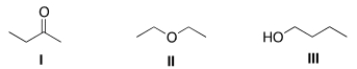 Consider the three organic compounds drawn below. Which of the following statements is (are)  true about the IR spectra of I, II, and III?   A)  I shows strong absorptions at 2950 cm<sup>-1</sup> and 1700 cm<sup>-1</sup>. B)  II shows strong absorptions at 2950 cm<sup>-1</sup> and 2250 cm<sup>-1</sup>. C)  III shows strong absorptions at 2950 cm<sup>-1</sup> and 3200-3600 cm<sup>-1</sup>. D)  Statements (I shows strong absorptions at 2950 cm<sup>-1</sup> and 1700 cm<sup>-1</sup>)  and (III shows strong absorptions at 2950 cm<sup>-1</sup> and 3200-3600 cm<sup>-1</sup>)  are true.