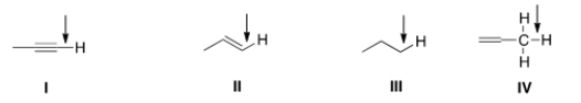 In an IR spectrum, which of the indicated C-H bonds exhibits a stretching absorption at the largest wave number?   A)  I B)  II C)  III D)  IV