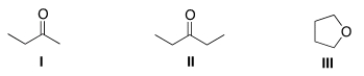 A compound X shows a molecular ion peak at m/z 72 in its mass spectrum, and a strong peak at ~1715 cm<sup>-1 </sup>in its IR spectrum. Which structures are possible for compound X?   A)  I B)  II C)  III D)  I and II