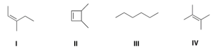 Which of the following structures is consistent with a compound that displays a molecular ion peak at 84 and infrared signals at 3000-2850 cm<sup>-1</sup> and no signals between 3000-3300 cm<sup>-1</sup>?   A)  I B)  II C)  III D)  IV