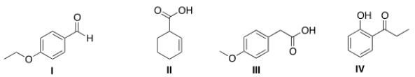 <sup>13</sup>C NMR is a technique in which the total number of signals represents the number of unique carbon atoms in a molecule. Propose a structure that is consistent with the following data.  (a)  The IR includes peaks at 1603 and 1495 cm<sup>-1</sup>. (b)  The <sup>13</sup>C NMR has a total of 7 signals. (c)  The compound has one acidic proton.   A)  I B)  II C)  III D)  IV