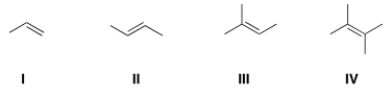 Rank the following alkenes in order of increasing rate of hydrogenation.   A)  I < III < IV < II B)  IV < III < II < I C)  I < II < III < IV D)  IV < II < III < I