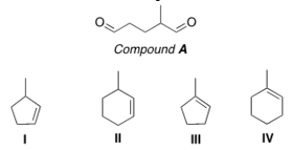 <strong>After ozonolysis and treatment of the unstable ozonide with CH<sub>3</sub>SCH<sub>3</sub>, compound A was converted to the compound below. What is the structure of compound A? </strong> A) I B) II C) III D) IV