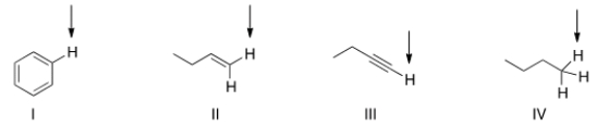Which of the indicated hydrogen in the following compounds is the most acidic?   A)  I B)  II C)  III D)  IV