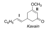 Label each C-C double bond in Kavain, a naturally occurring relaxant, as E or Z.   A)  I = Z and II = Z B)  I = Z and II = E C)  I = E and II = E D)  I = E and II = Z
