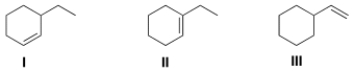 Rank the following compounds in order of decreasing stability, putting the most stable first.   A)  I > II > III B)  II > I > III C)  III > II > I D)  III > I > II