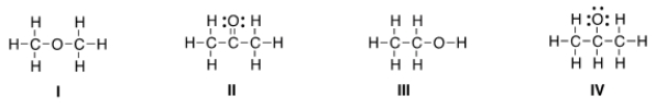 Which of the following is the appropriate conversion of the condensed structure, CH<sub>3</sub>COCH<sub>3</sub>, to a Lewis structure?   A)  I B)  II C)  III D)  IV