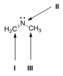 What is the hybridization for each of the indicated atoms in the following compound?   A)  I = sp<sup>2</sup>; II = sp<sup>2</sup>; III = sp<sup>2</sup>. B)  I = sp<sup>2</sup>; II = sp<sup>3</sup>; III = sp<sup>3</sup>. C)  I = sp; II = sp<sup>2</sup>; III = sp<sup>3</sup>. D)  I = sp<sup>2</sup>; II = sp<sup>2</sup>; III = sp<sup>3</sup>.
