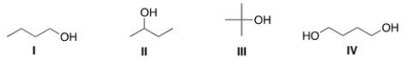 Rank the following compounds in order of increasing boiling point, putting the compound with the lowest boiling point first.   A) III < II < I < IV B) II < III < I < IV C) IV < I < II < III D) I < II < III < IV