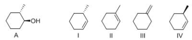 What is the major alkene formed when compound A is dehydrated with POCl<sub>3</sub> and pyridine?   A) I B) II C) III D) IV