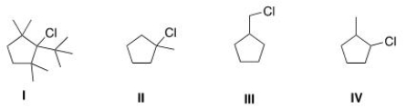 Which of the following is the least reactive substrate in an E2 reaction?   A) I B) II C) III D) IV