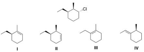 Which of the following is the major E2 product formed from the following alkyl halide?   A) I B) II C) III D) IV