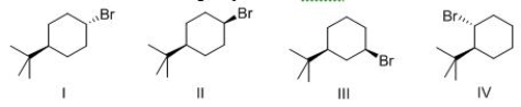 Which of the following alkyl halide reacts the fastest in an E2 reaction?   A) I B) II C) III D) IV