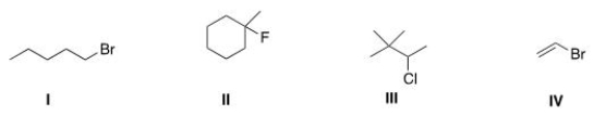Which of the following alkyl halides is a primary alkyl halide?   A) I B) II C) III D) IV