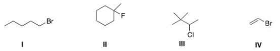 Which of the following alkyl halides is a tertiary alkyl halide?   A) I B) II C) III D) IV