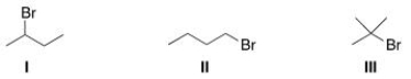 Rank the alkyl halides in order of decreasing S<sub>N</sub>2 reactivity, putting the most reactive first.   A) I > II > III B) II > I > III C) III > I > II D) I > III > II