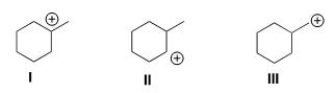 Rank the following carbocations in order of decreasing stability, putting the most stable first.   A) I > II > III B) II > I > III C) III > I > II D) III > II > I