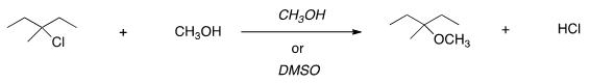 <sup> </sup>For the following reaction, use the identity of the alkyl halide and nucleophile to determine which substitution mechanism occurs.Then determine which solvent affords the faster reaction.   A) S<sub>N</sub>1, CH<sub>3</sub>OH B) S<sub>N</sub>1, DMSO C) S<sub>N</sub>2, CH<sub>3</sub>OH D) S<sub>N</sub>2, DMSO