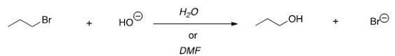 <sup> </sup>For the following reaction, use the identity of the alkyl halide and nucleophile to determine which substitution mechanism occurs.Then determine which solvent affords the faster reaction.   A) S<sub>N</sub>1, H<sub>2</sub>O B) S<sub>N</sub>1, DMF C) S<sub>N</sub>2, H<sub>2</sub>O D) S<sub>N</sub>2, DMF