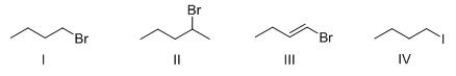 Rank the following compounds in order of increasing S<sub>N</sub>2 reactivity?   A) I > II > III > IV B) IV > I > II > III C) IV > III > II > I D) III > II > I > IV