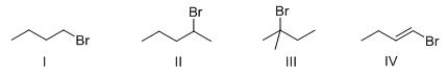 Rank the following compounds in order of increasing S<sub>N</sub>1 reactivity?   A) I > II > III > IV B) IV > I > II > III C) IV > III > II > I D) III > II > I > IV
