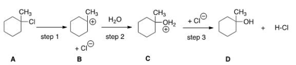 How many transition states and intermediates would the reaction profile have for the reaction shown below?   A) Three transition states and three intermediates B) Two transition states and two intermediates C) Three transition states and two intermediates D) Two transition states and three intermediates