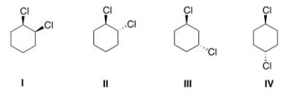Which of the following molecules are achiral?   A) II, III B) I, II C) I, IV D) III, IV