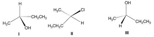 Which of the following structures has the R configuration?   A) Only I B) Only II C) Only I and II D) I, II, and III